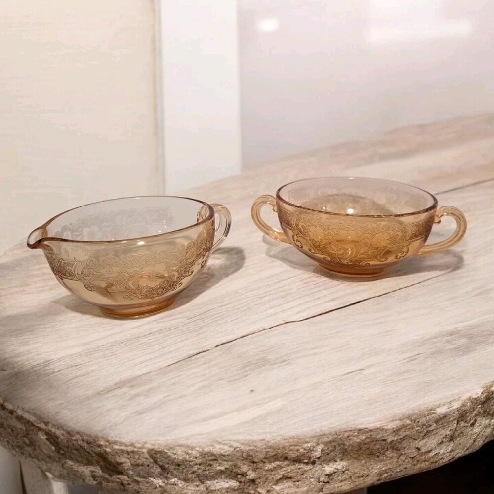 Vtg Fostoria Vesper Amber Creamer and Open Sugar Etched Glass Floral